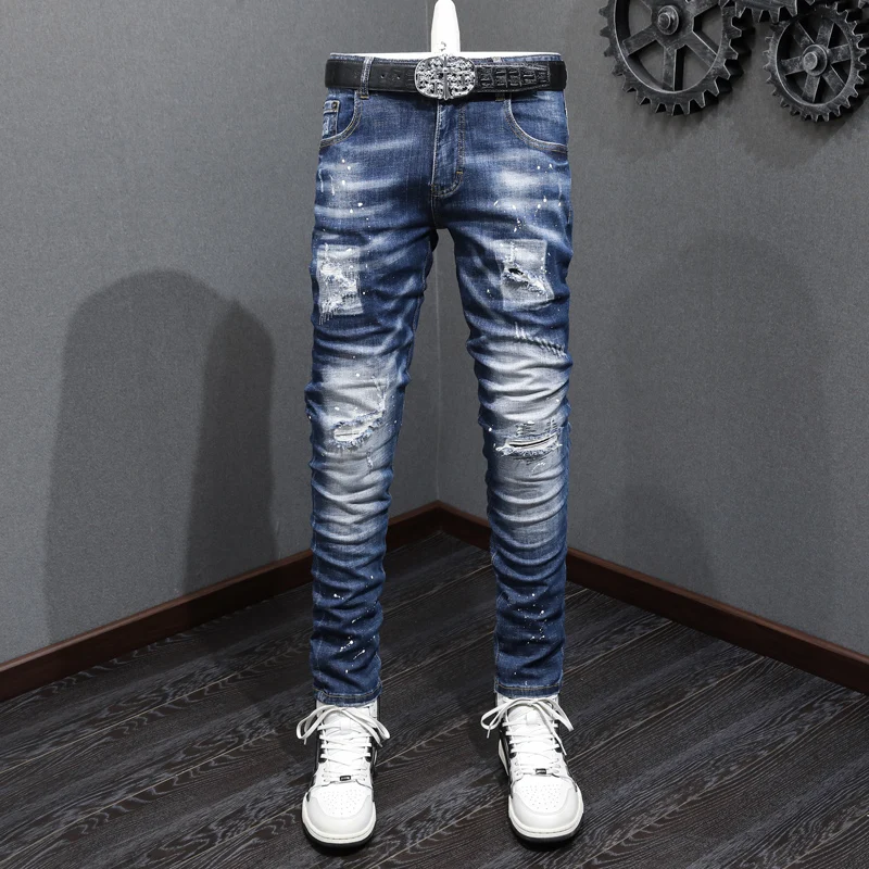 

Fashion Designer Men Jeans Retro Blue Elastic Stretch Slim Ripped Jeans Men Patched Vintage Trousers Casual Denim Pants Hombre