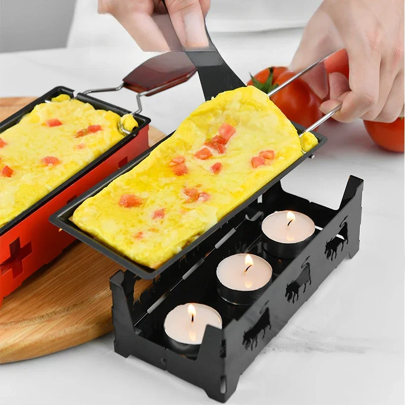 Metal Carbon Steel Mini Cheese Raclette Non-stick Coating Candles with Spatula Cook Set Heated Baking Tray Foldable Handle bread