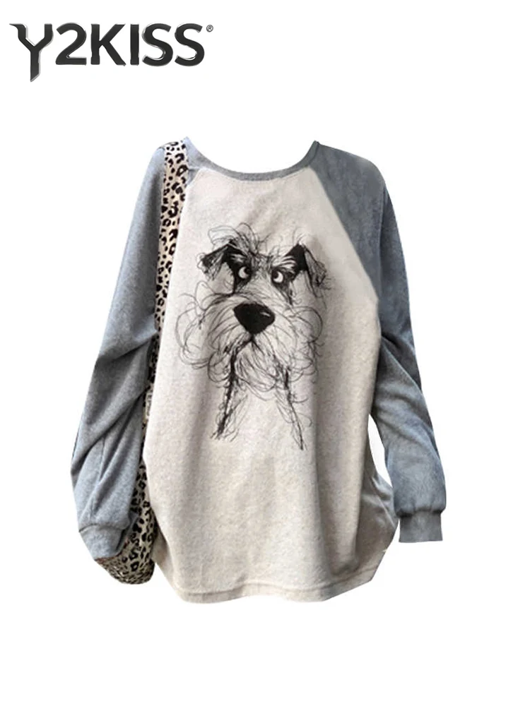 Autumn Winter Women's Contrast Color Top Long Sleeve T-Shirts Print Oversize O-Neck Tees 2000s High Street Korean Loose Casual