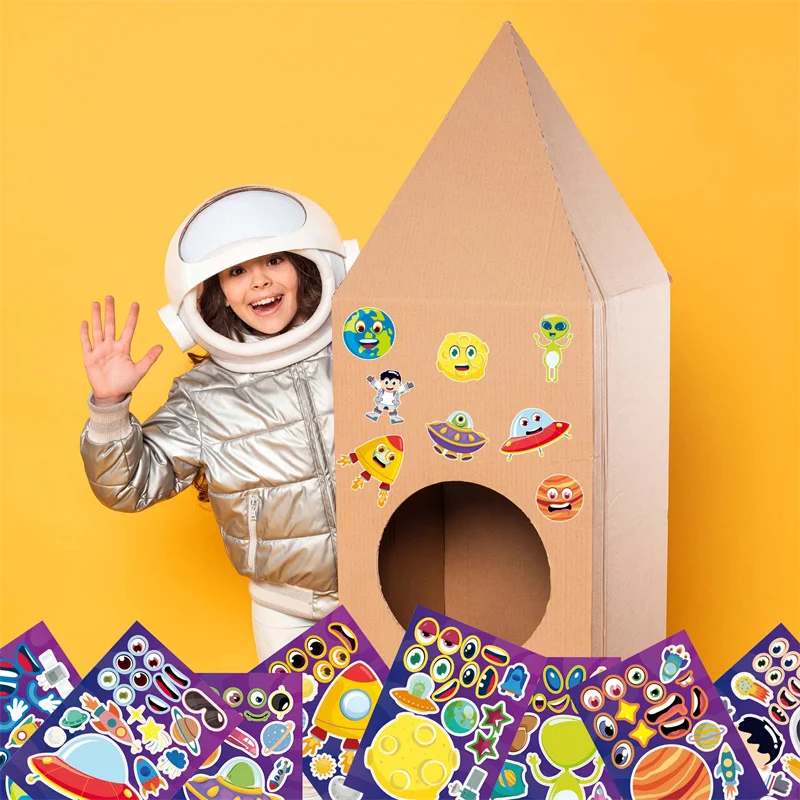 6-24Sheets Space Planet Stickers for Kids Make a face Alien Rocket Solar System DIY Puzzle Sticker Party Games Favor Craft Kits