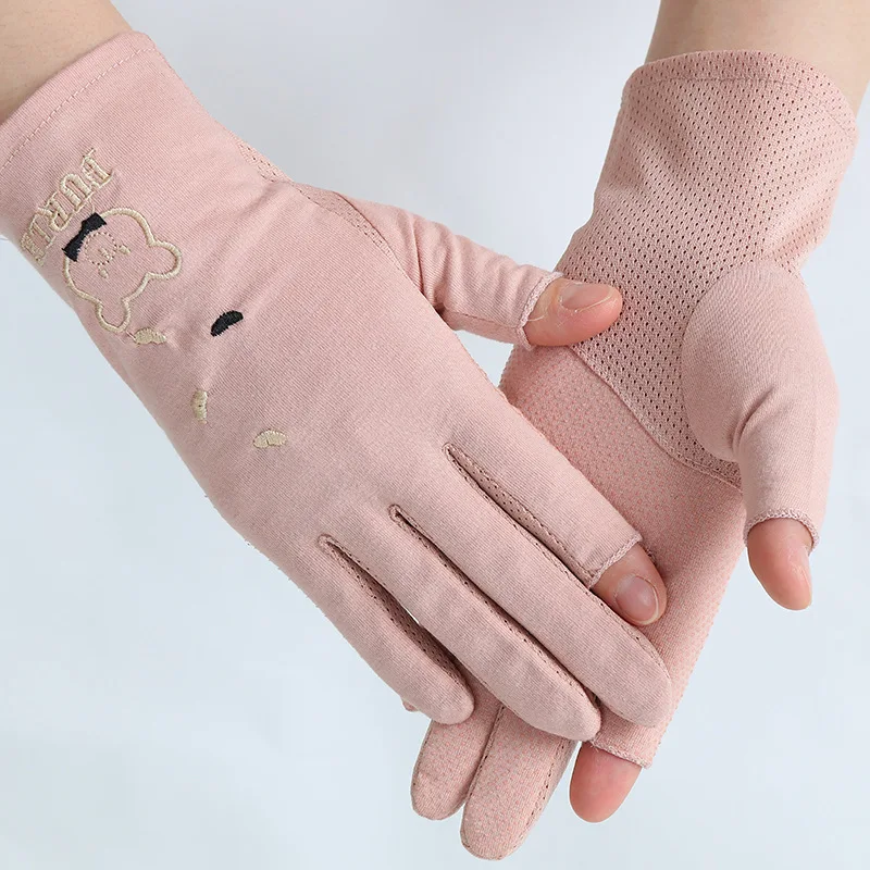 Summer Ladies Thin Gloves Comfortable Breathable Bear Embroidery Sunscreen Riding Two Finger Gloves