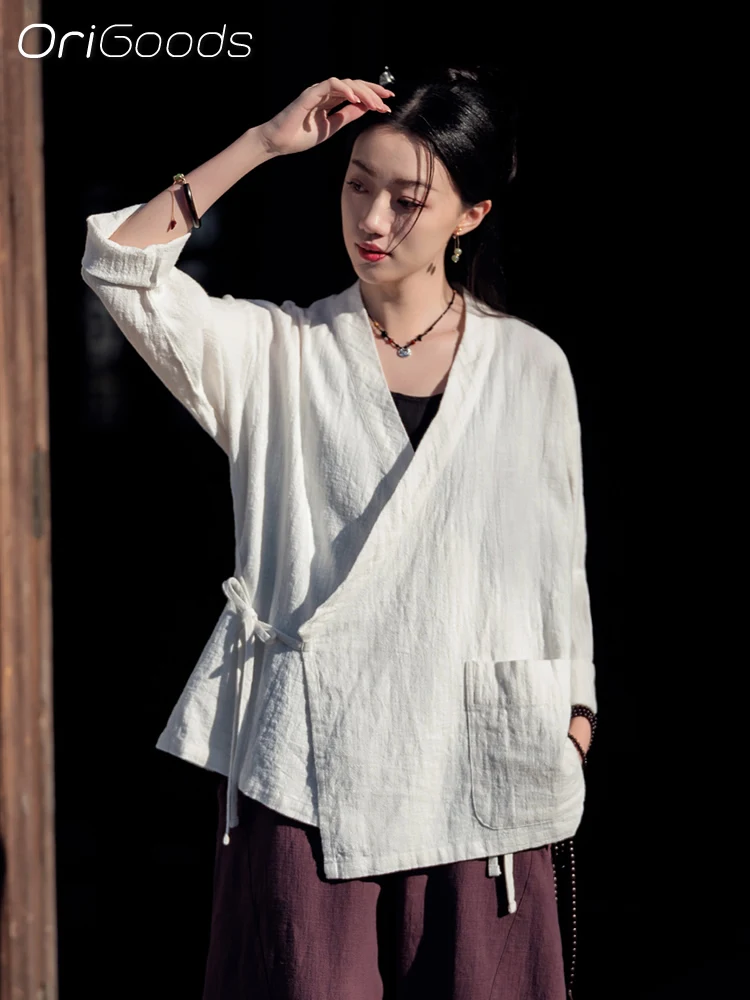 OriGoods Kimono Shirt Women Ramie Cotton Long Sleeve Kimono Cover Up Summer 2024 New Japanese Style Loose Tops Woman C051