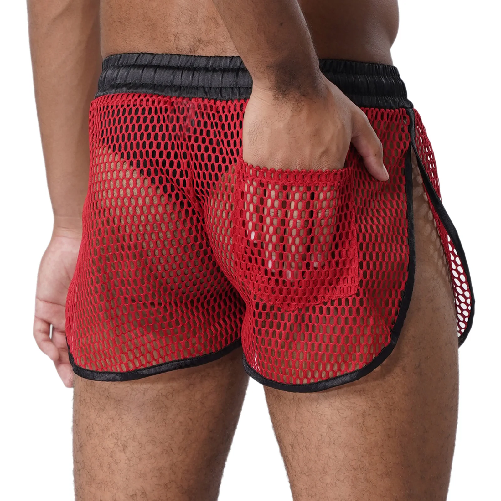 الرجال مثير الجوف خارج شبكة السراويل رياضة اليوغا تجريب بحر الرباط عقد تقليم الجانبين سبليت السراويل الرياضية مع الجيب الخلفي