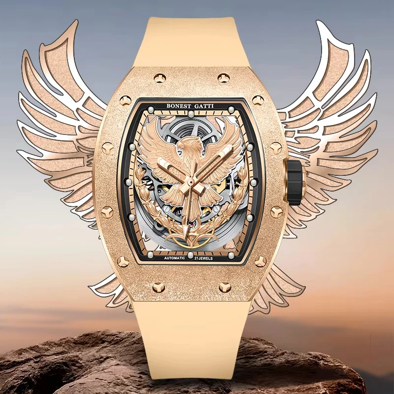 

BONEST GATTI 5002 Men's Luminous Watch Golden Eagle Dial Double-Sided Hollow Design Fashionable Timepiece for Men