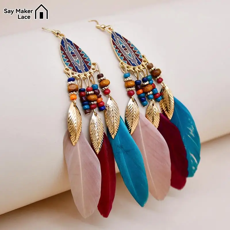 1Pair Bohemian Long Feather Dangle Earrings For Women Beach Chain Tassel Drop Earrings Wedding Bride Jewelry Girl Gift