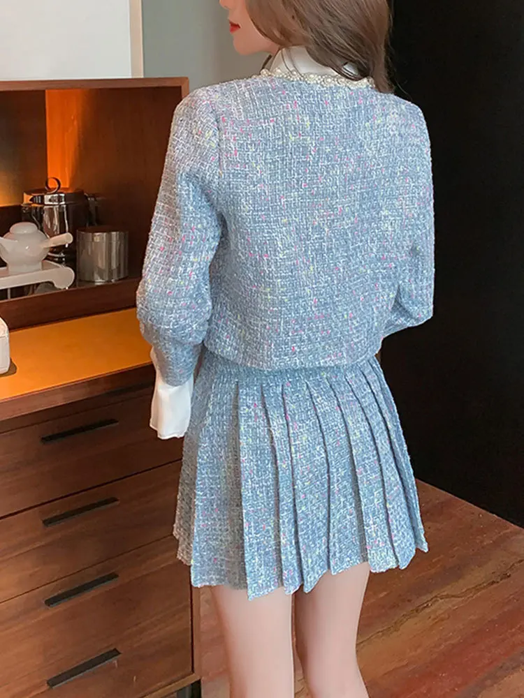 Fashion Elegant Tweed Suit Women\'s 2023 Autumn Winter Sweet Round Neck Beaded Short Coat+High Waist Pleated Skirt Two-Piece Set