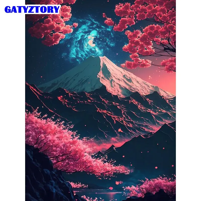 

GATYZTORY Painting By Number Cherry blossom trees, Mount Fuji Drawing On Canvas Art Gift DIY Pictures By Number Kits Home Decor