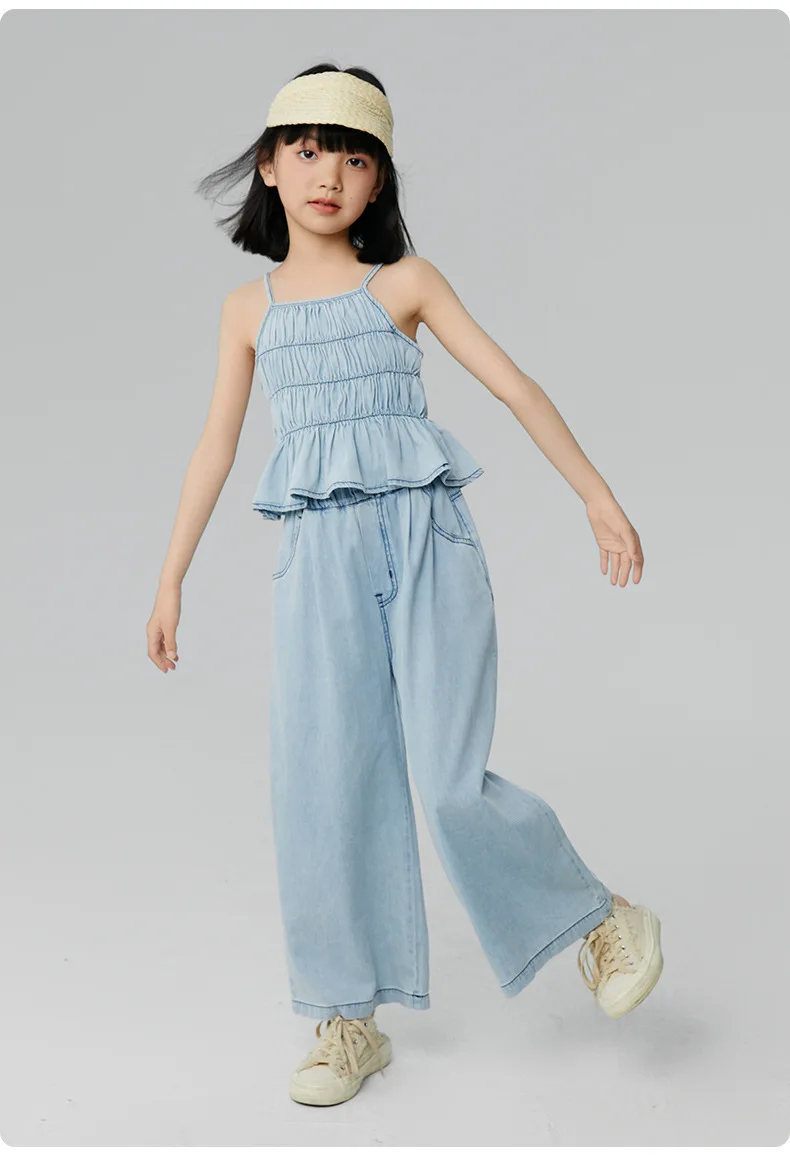 Baby Girl Clothes Suit Girls Summer 2024 New French Holiday Wave Edge Denim Wide-leg Fashion Durable Pants Two-piece Set