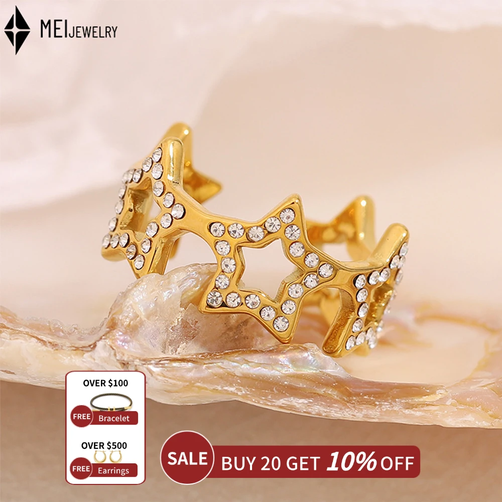 Hot Selling Niche Design Simple Stainless Steel Dot Cubic Zirconia Pentagram Opening Ring Women ﻿