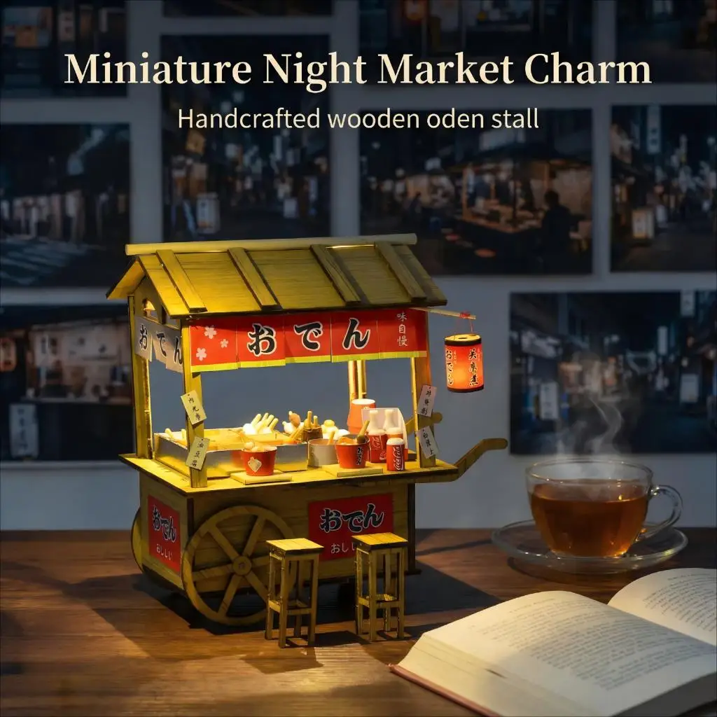 مجموعة نماذج خشبية من OUZEY اليابانية Oden Stall، 14+ عربة طعام شارع السوق الليلية ذاتية الصنع، هدية إبداعية للمنزل المصغر للبالغين #1