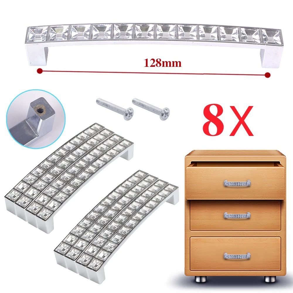Pack Of 8 Europe Style Square Clear Crystal Rhinestone Furniture Door Wardrobe Cupboard Cabinet Drawer Pull Handle Knobs 128Mm image 6