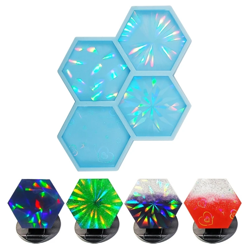 Molde silicona para agarre teléfono, soporte montaje enchufe teléfono hexagonal holográfico resina