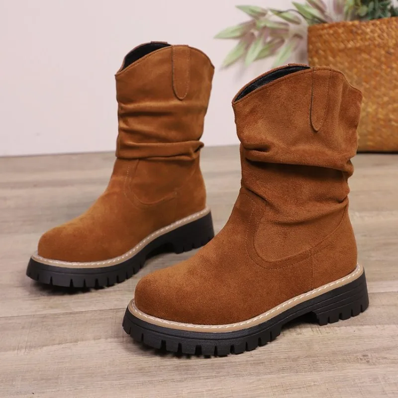 Ruched Western Boots Women Cow Suede Leather  Decoration Round Toe Solid Color Autumn Winter Shoes Handmade