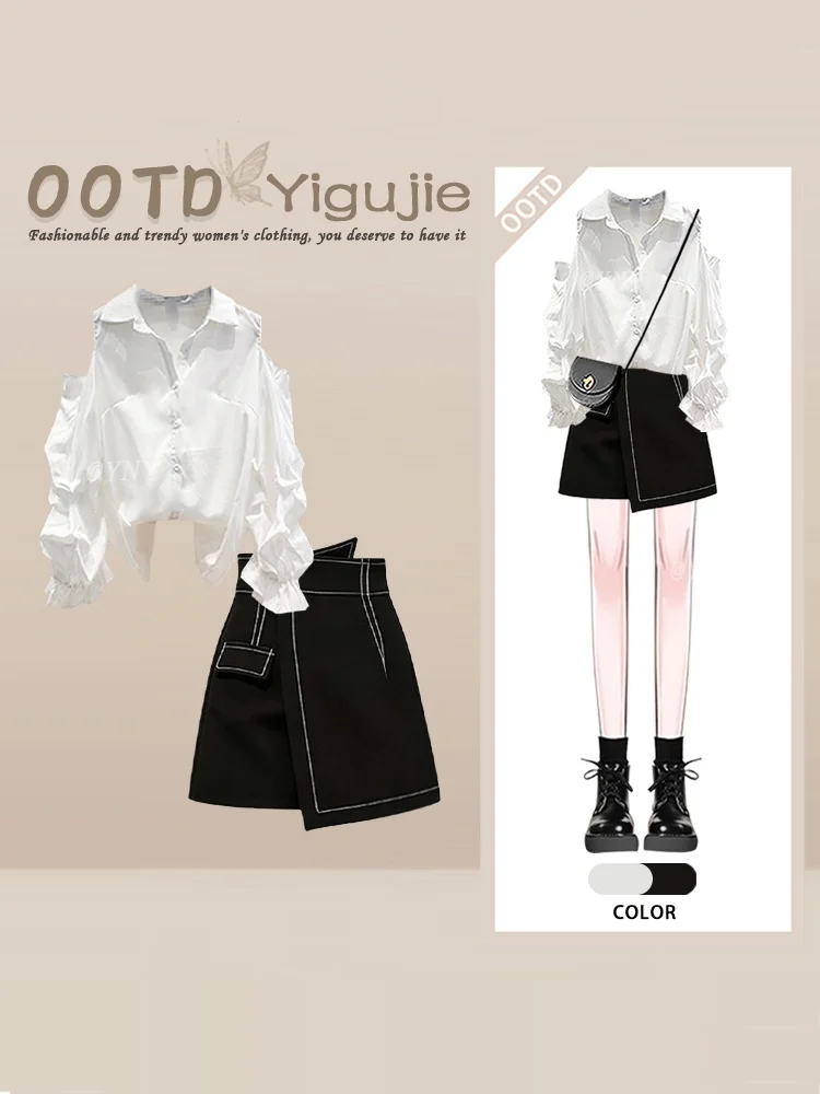 Conjunto de dos piezas de falda vintage de corte A y camisa de manga larga para mujer, estilo universitario, moda de otoño, efecto adelgazante, blanco con hombros...