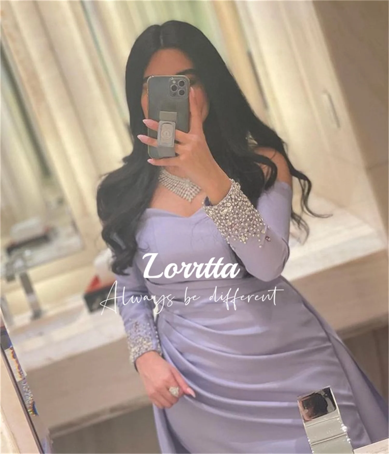 Lorrtta vestido de noche elegante púrpura elegante, manga larga, sirena, cuentas, satén, Dubai, ocasión Formal, longitud hasta el suelo,