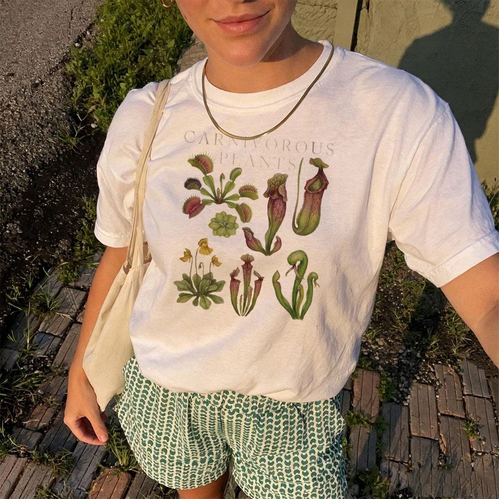 Carnivorous Plants Graphic Tee Vintage Botanical Venus Fly Trap Nepenthes Print Women T Shirt O Neck Short Sleeve Loose Tees