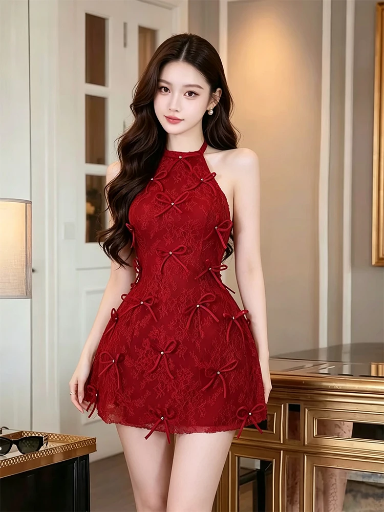 

Red Lace Knot Hanging Neck Dress Women's High-End Elegant Lady Evening Gown Skirt Fashionable Zipper Style A-Line S...