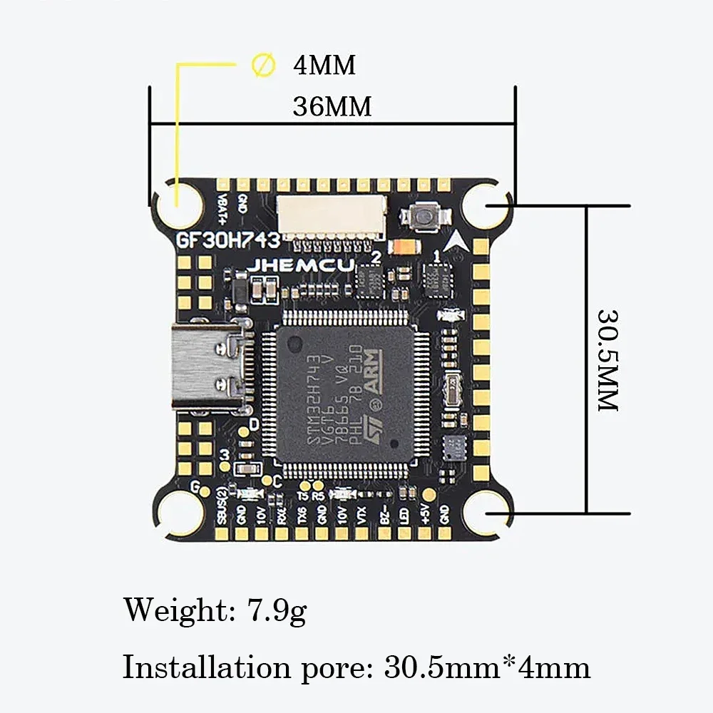 JHEMCU GF30H743 480MHZ Flight Controller ICM-42688P Dual Gyroscope Dual BEC Barometer OSD Black Box 128M 3-6S for RC FPV Drone