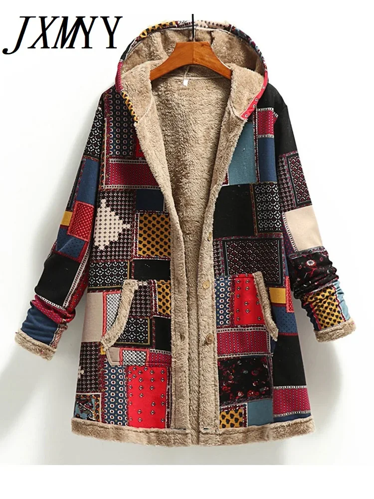 2024 Winter Vintage Vrouwen Jas Warme Print Dikke Fleece Capuchon Lange Jas Met Zak Dames Outwear Losse Jas Voor Dames