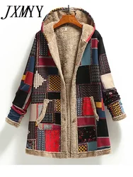 Abrigo de lana gruesa con capucha para mujer, con bolsillo Chaqueta larga, prendas de vestir sueltas para mujer, estampado cálido, vintage, invierno, 2024