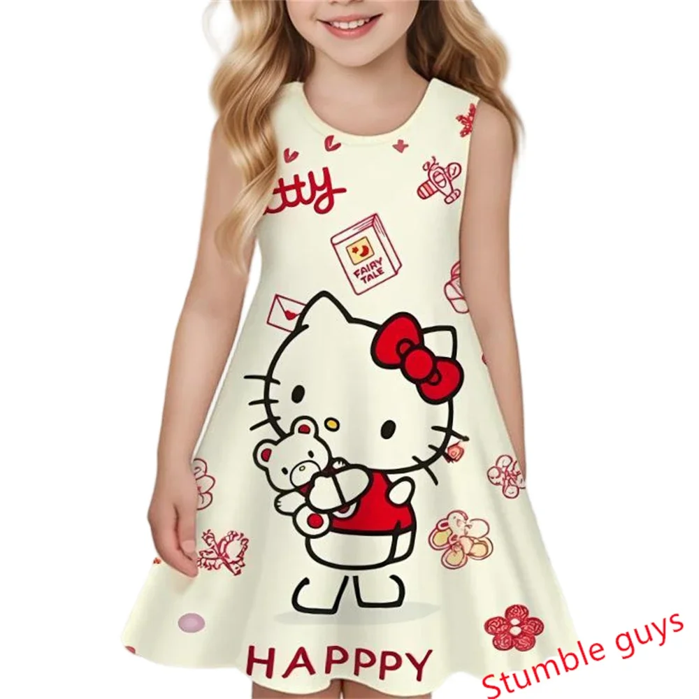 

Летнее повседневное платье для девочек в стиле кавайи, модная одежда с мультяшными персонажами, детский наряд Hello Kitty