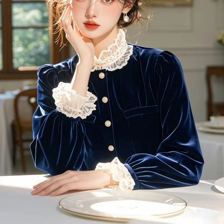 Winter Velvet Lace Splice Blue Shirt Luxury Sensation Unique Elegant Small Fragrance Style Long Sleeve Drawstring Commute Sty...