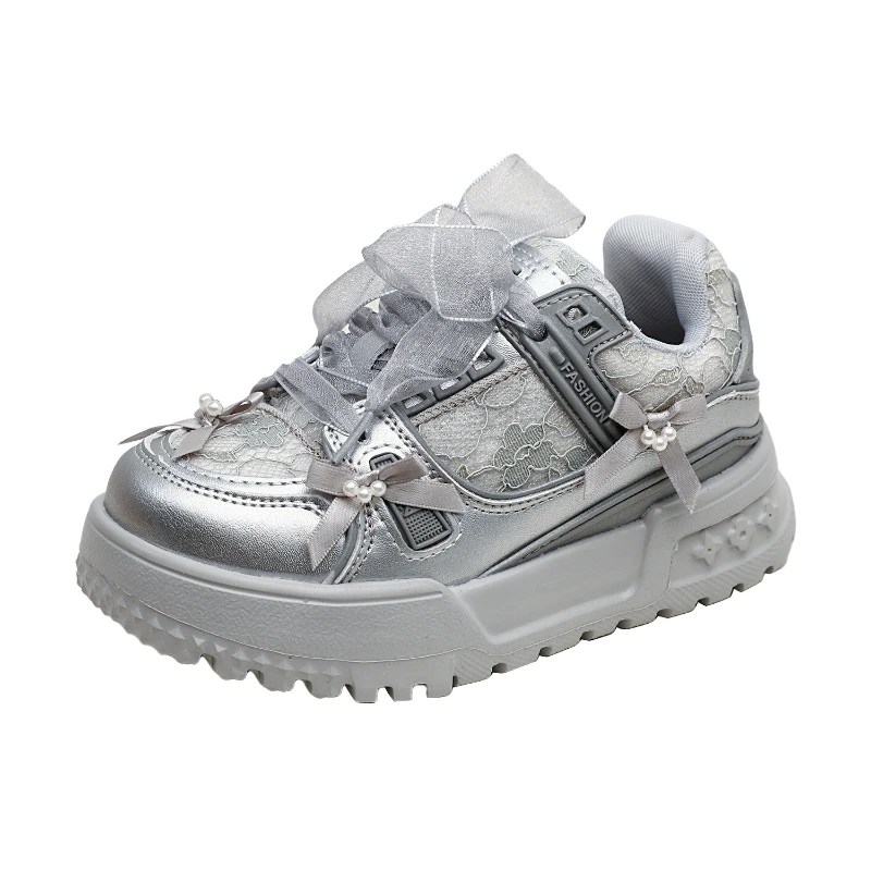 

2025 Autumn New Style Children's Girls Bow Lace Thick-soled Sneakers Kid Toddler Princess Breathable Non-slip Training Shoes