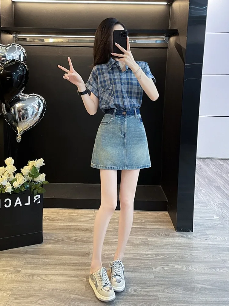 

Summer Fashion Checkered Shirt And Denim Skirt Women's Two-Piece Set Light Maturity Style Polyester Fiber Workwear