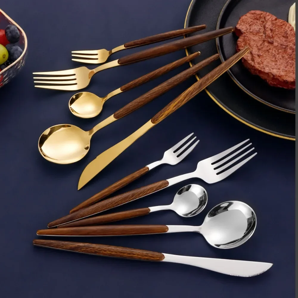 

30Pcs Stainless Steel Dinner Gold Imitation Wooden Handle Dinnerware Knife Coffee Cutlery Set Tableware Silverware Spoon Fork