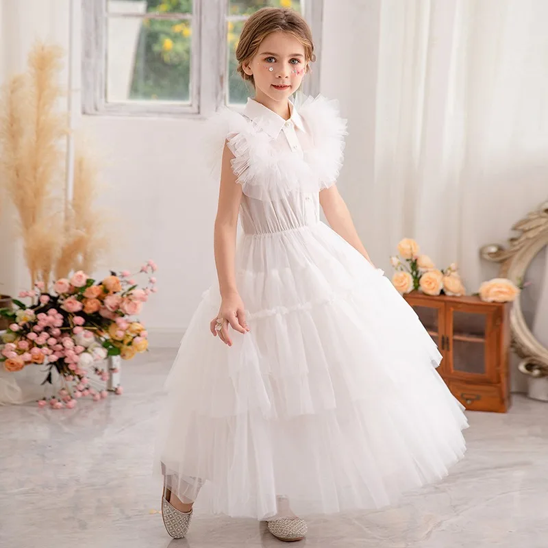 New 2024 Long White Sweet Dress Princess Girls Vintage Layers Kids Vestido 2 3 4 5 6 8 10 12 Years Old Kids Clothes 2-12 Years