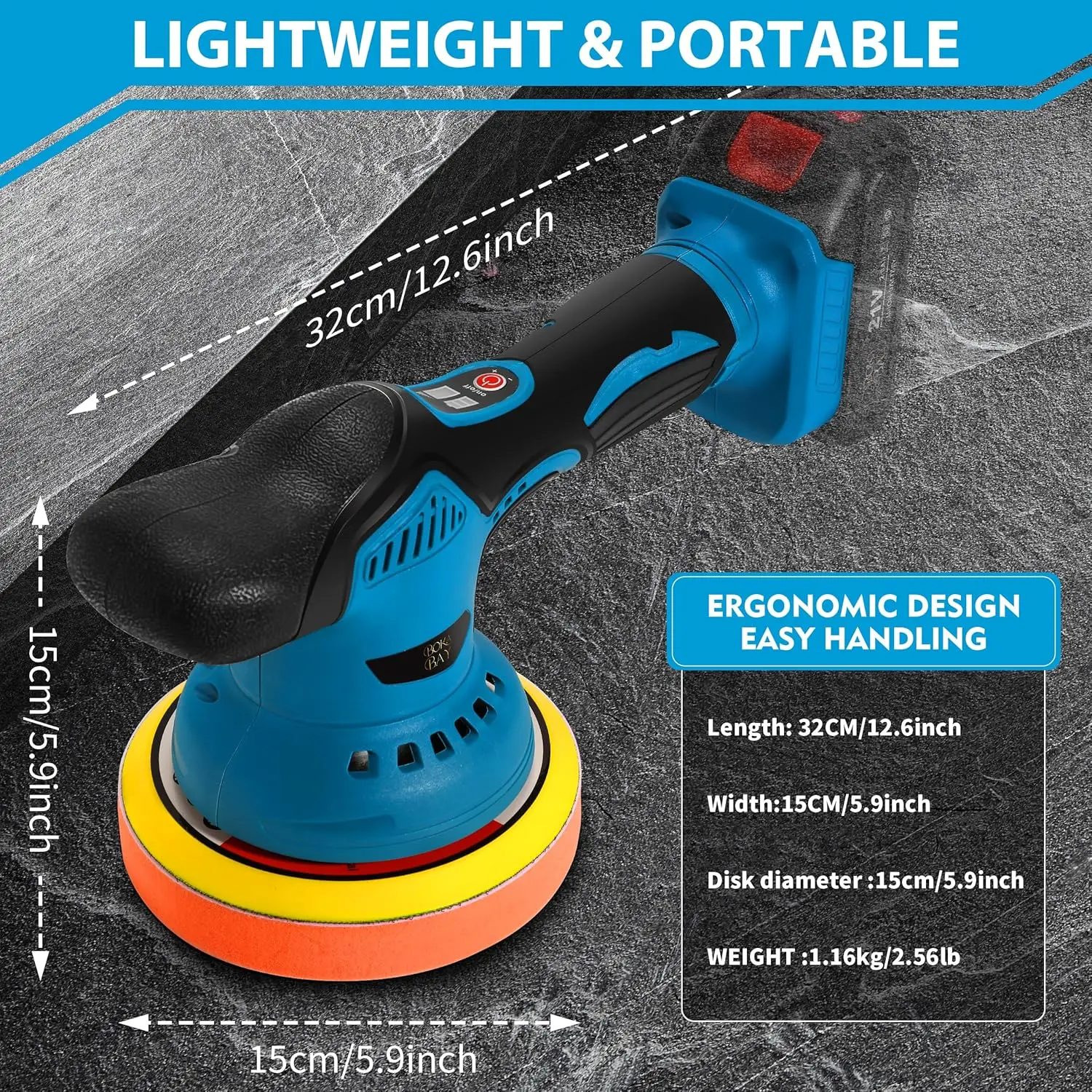 Kit de polisseuse tampon de voiture sans fil de 6 pouces, 21V 2x2000mAh, 9 accessoires, 8 vitesses 2800-6000 tr/min, polisseuse orbitale pour détails et S