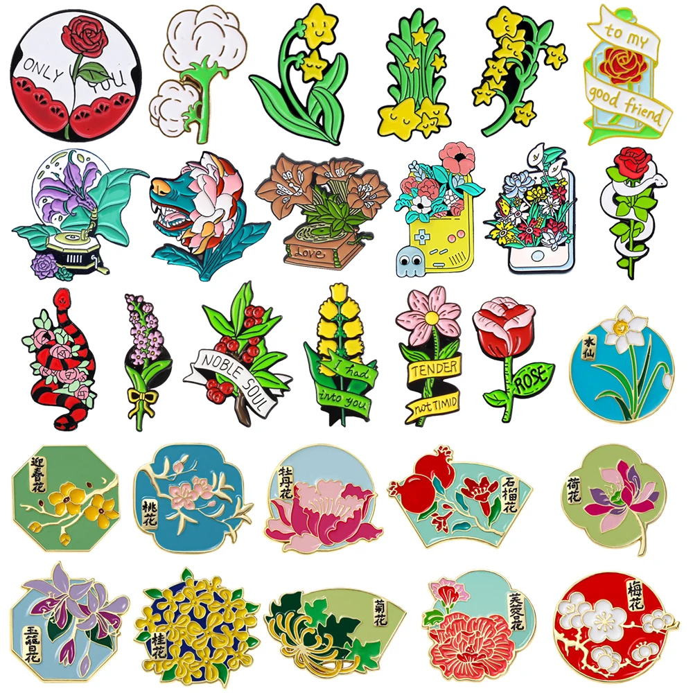 

Cartoon Flower Enamel Pin Lapel Brooch Rose Star Flare Violet Peach Blossom Peony Lotus Rose Osmanthus Badge Jewelry Friend Gift