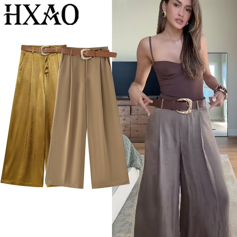 HXAO Geplooide Vrouwen Satijnen Broek Zomer Baggy Brede Vloeistof Broek Vrouw Riem Kantoor Casual Lange Broek Hoge Taille Damesbroek