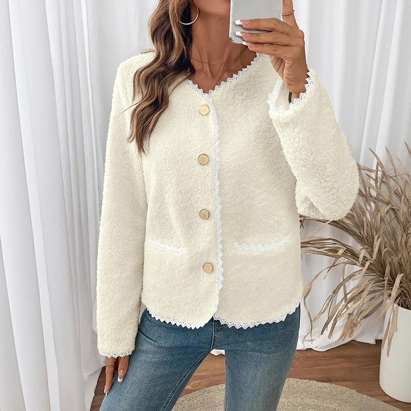 Chic Jackets Outwear Loose Elegants Autumn and Winter Elegant Sweet Wind Warm Lace Splicing White Lamb Wool Coat Women