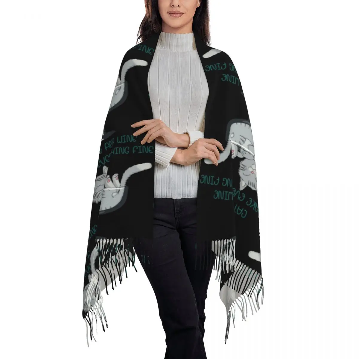 Cat's And Wine Make Everything Fine Forest Cat Scarf Tassel Scarves for Women Soft Warm Shawls and Wraps Fall Winter Shawl Wrap