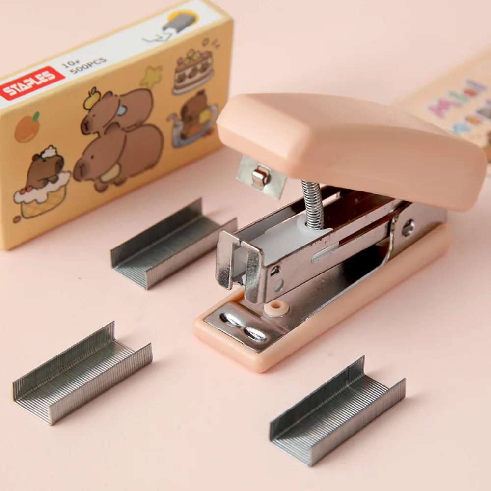 Cute Capybara Stapler Mini Binding Machine School Office Stationery Supplies Portable Paper Fastener Desktop Accessory Set