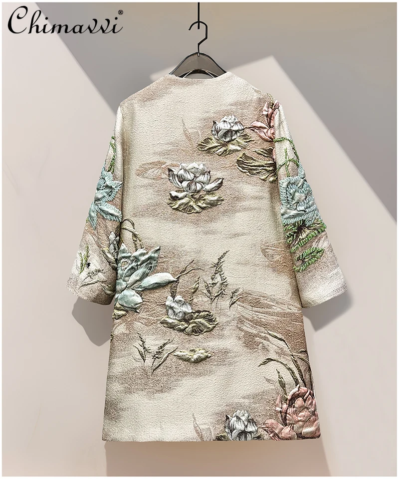 

French Elegant temperament Beaded Outerwear Coat Diamond 3D Embossed Jacquard Luxury Socialite Straight Long Jacket Women Autumn