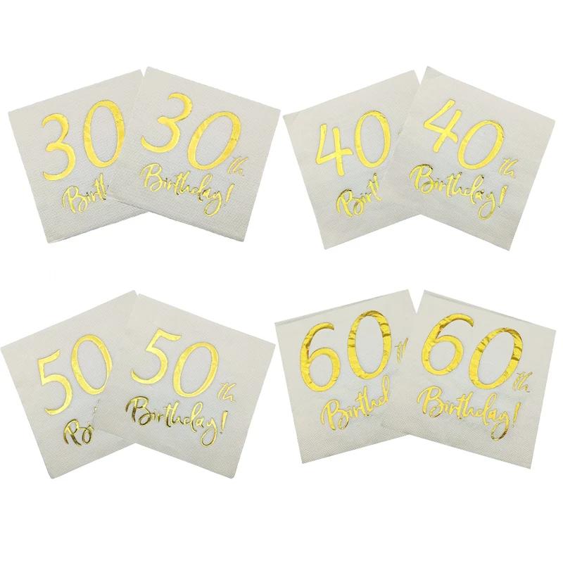 10Pcs Gold Plated Numbers 18, 30, 40, 50, 60th Happy Birthday Napkins Adult Anniversary Celebration Birthday Party Decor Supplie