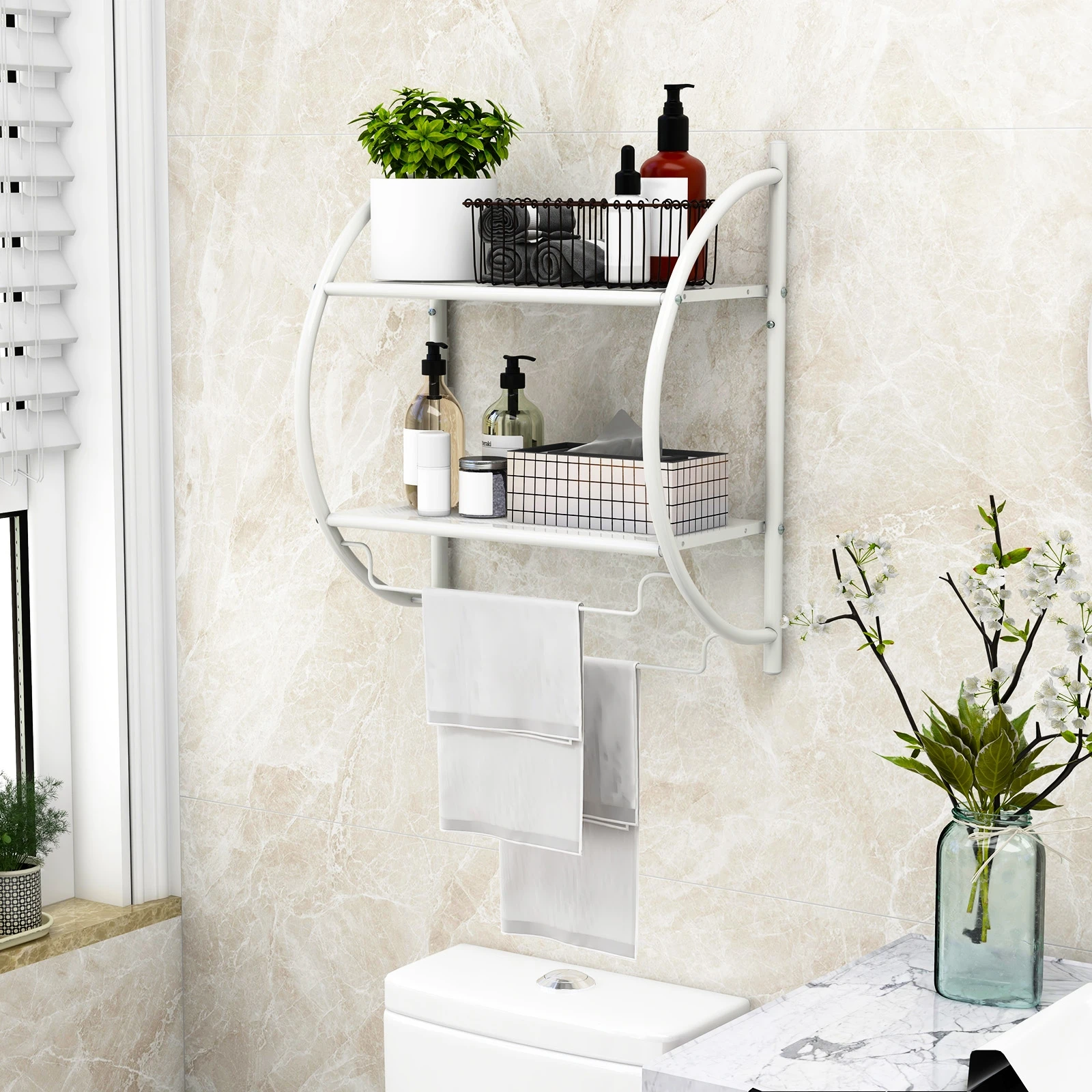 2-stöckiges Wandmontiertes Badezimmerregal mit Handtuchhaltern, Platzsparendes Aufbewahrungsregal für Badezimmer, Küche und Waschküche – Detail 2