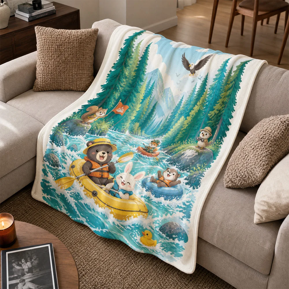 Woodland Animal Print Throw Blanket for Sofa Kids Room Decor Cute Bear Family Forest River Scene Cozy Fleece Throw