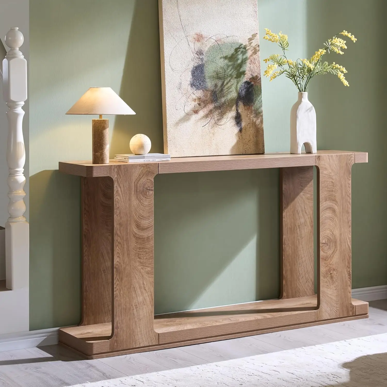 

Современный консольный столик 63 дюйма, 2 яруса, с изогнутыми краями, узкий деревянный столик для дивана, для прихожей, гостиной, входа, на заказ