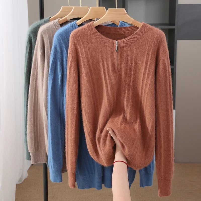 

High Quality Men 100% Mink Cashmere Sweater Thick Zipper Mock Neck Long Sleeve Pullover Autumn Winter Smart Casual Style Men Top