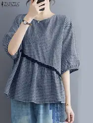 ZANZEA Women Vintage Plaid Checked Blouse Summer Half Sleeve Casual Work Shirt Retro Loose Patchwork Tops Tunic Party Blusas