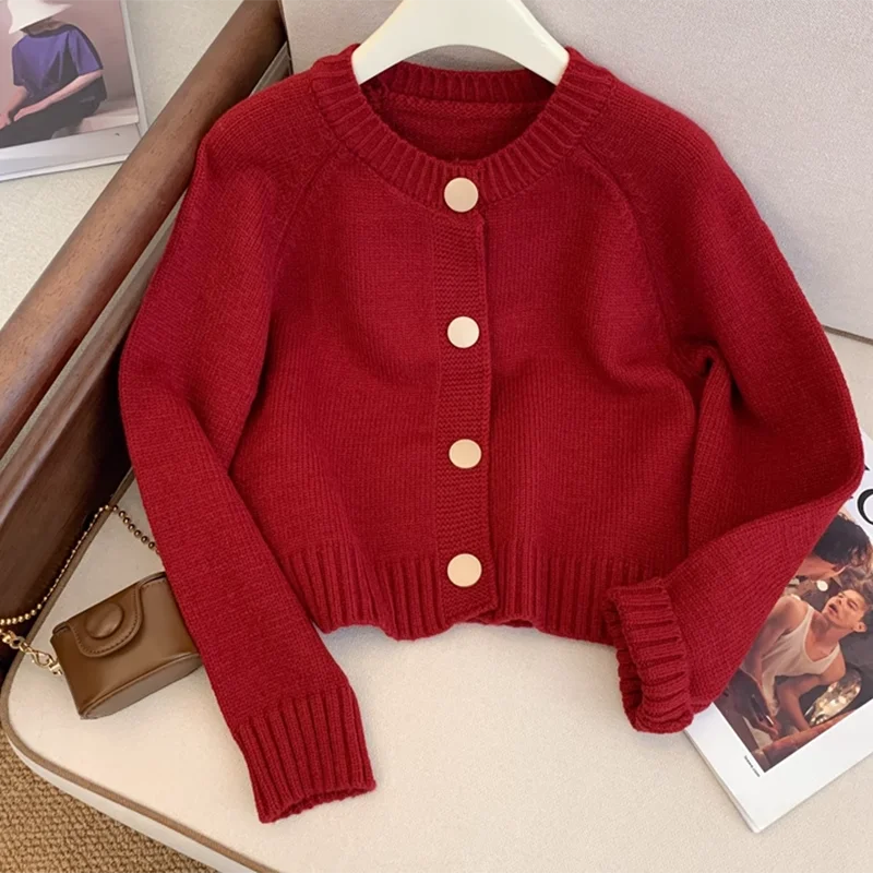 Rimocy Korean Round Neck Sweater Cardigan Women Chic Single Breasted Red Knitted Cardigans Woman 2024 Metal Button Crop Cardigan