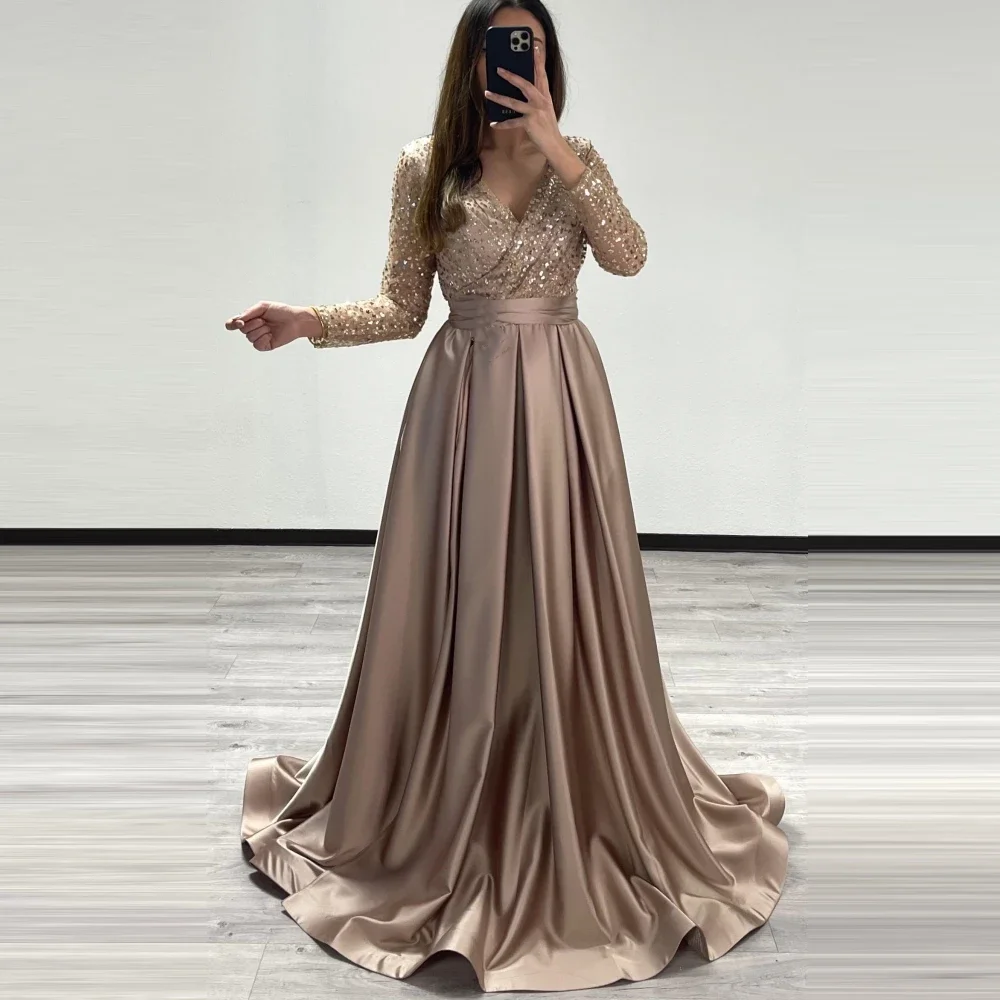 

Flavinke V-Neck Evening Dresses 2024 Robe De Soirée Long Sleeves Sequined Satin Saudi Arabic Party Dress Prom vestidos de noche