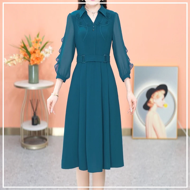 

2024 Spring and Autumn Women's New Splicing V-neck Button Ruffle Sashes Folds Fashion Solid Color Casual Long Sleeve Dresses