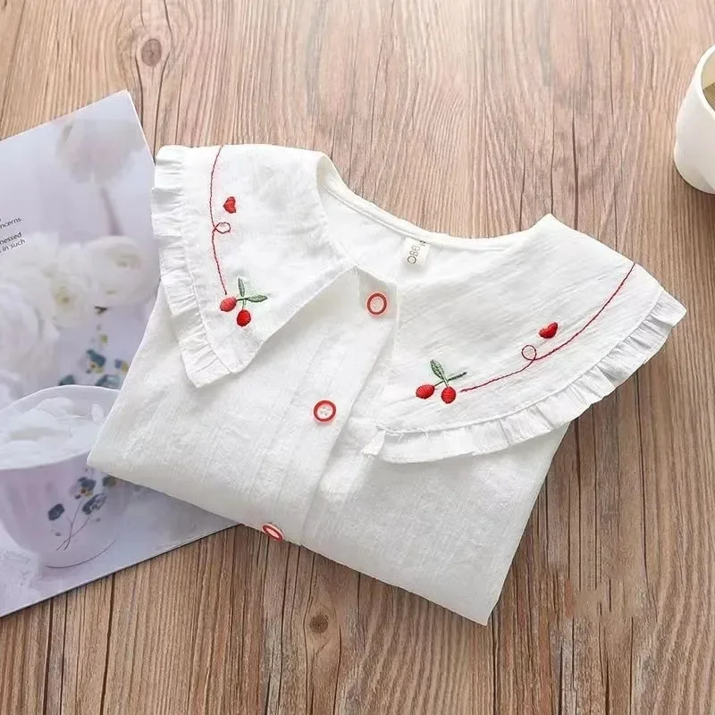 

White Student Shirt Lace Girls' Spring and Autumn Polo Neck Shirt Children's Solid Korean Edition Long Sleeve Cotton Shirt Top