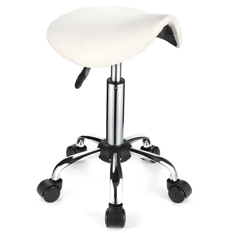 

Saddle Rolling Stool with Wheels PU Leather Height Adjustable Swivel Stools Chair White