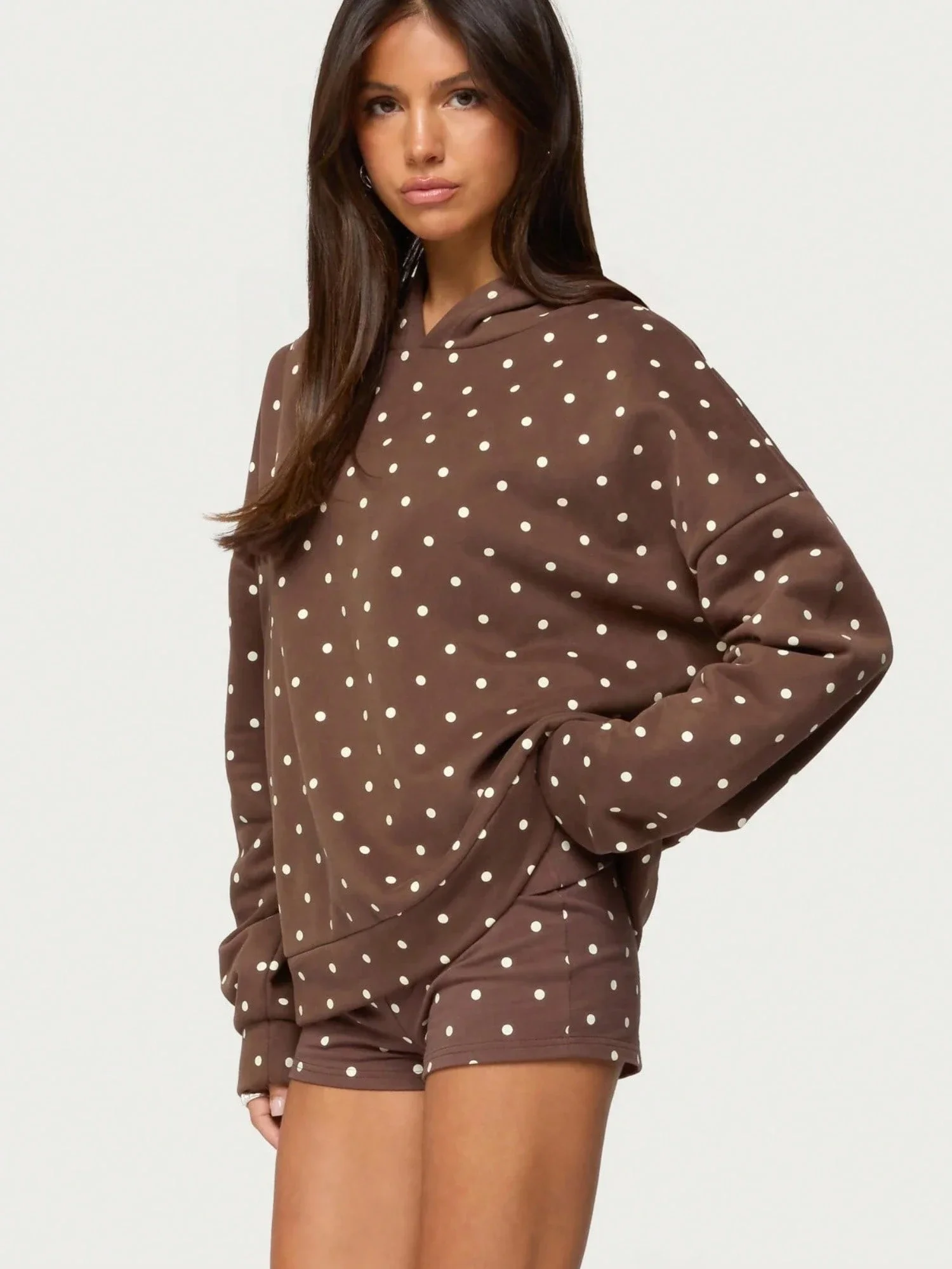 

Женский комплект: толстовка с капюшоном в горошек и шорты, повседневный свободный пуловер для отдыха