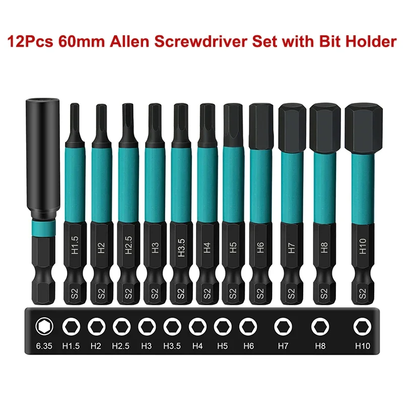 12Pcs Allen Screwdriver Set with Bit Holder 60mm Hex Driver Bit 1/4 Inch Hex Shank Magnetic Hex Bit Set H1.5~H10 SET